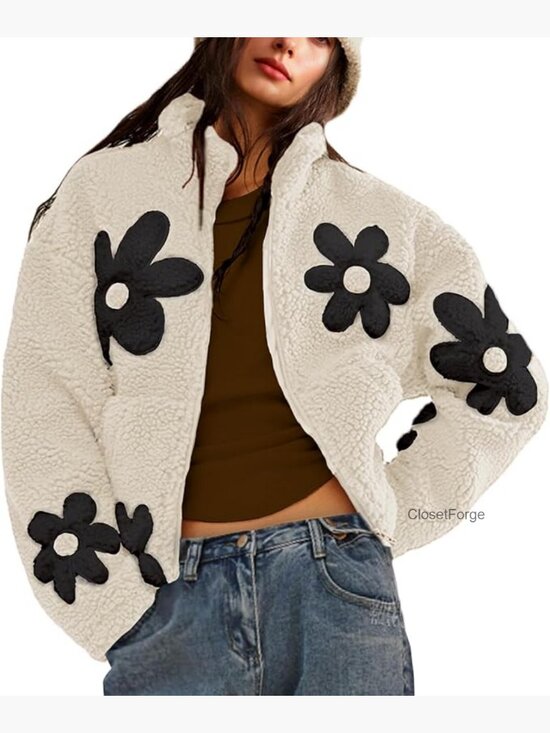 Jackets & Blazers - Womens Floral Sherpa Fleece Jacket Cropped Zip Up Long Sleeve Casual Winter